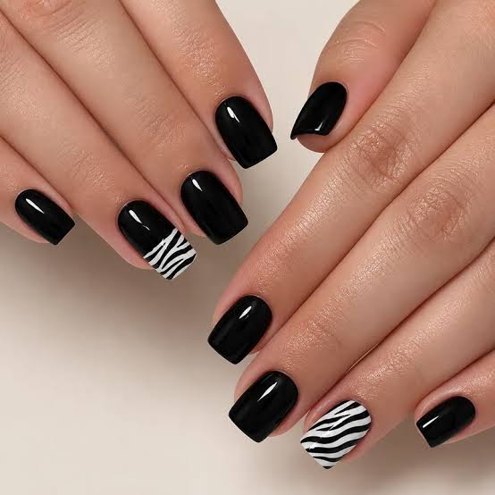 Short Glossy Black with Zebra Print Accents Short Glossy Black with Zebra Print Accents — Black Nail Ideas