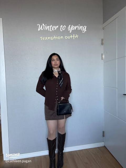 Brown Button-Up Shirt, Plaid Mini Skirt, and Tall Boots with Scarf Brown Button-Up Shirt, Plaid Mini Skirt, and Tall Boots with Scarf — Winter to Spring Transition Outfits