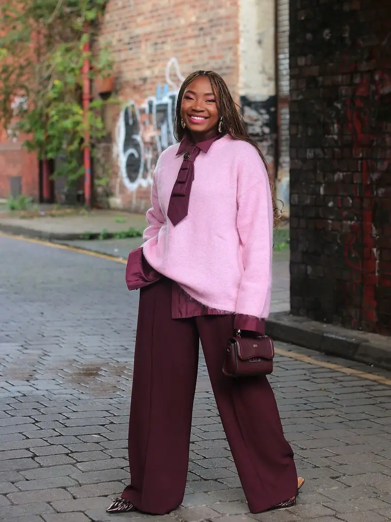 Cozy Contrast: Pink Fuzzy Sweater with Burgundy Wide-Leg Pants Cozy Contrast: Pink Fuzzy Sweater with Burgundy Wide-Leg Pants — February Outfits