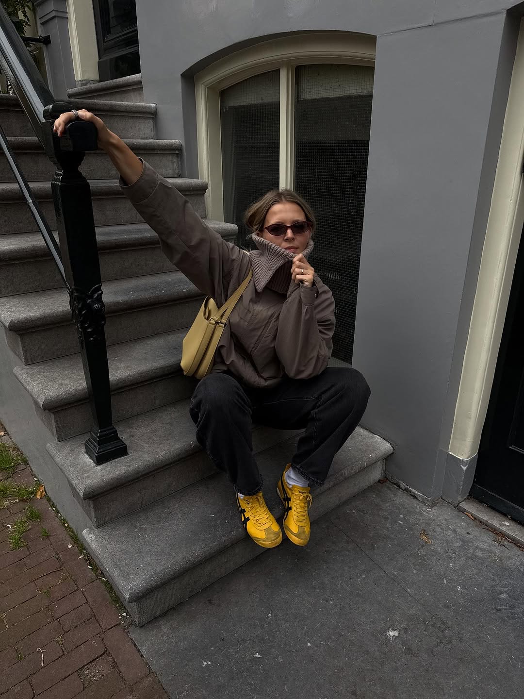 Brown Monochromatic Base with Bright Yellow Sneakers Brown Monochromatic Base with Bright Yellow Sneakers — Winter Outfits with Sneakers