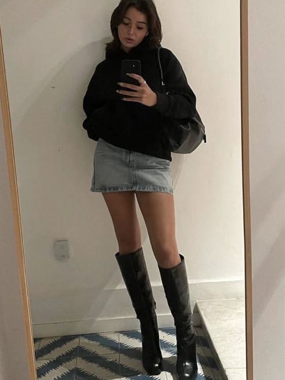 Denim Mini Skirt and Hoodie with Dark Grey Knee-High Boots — Knee High Boots Outfits