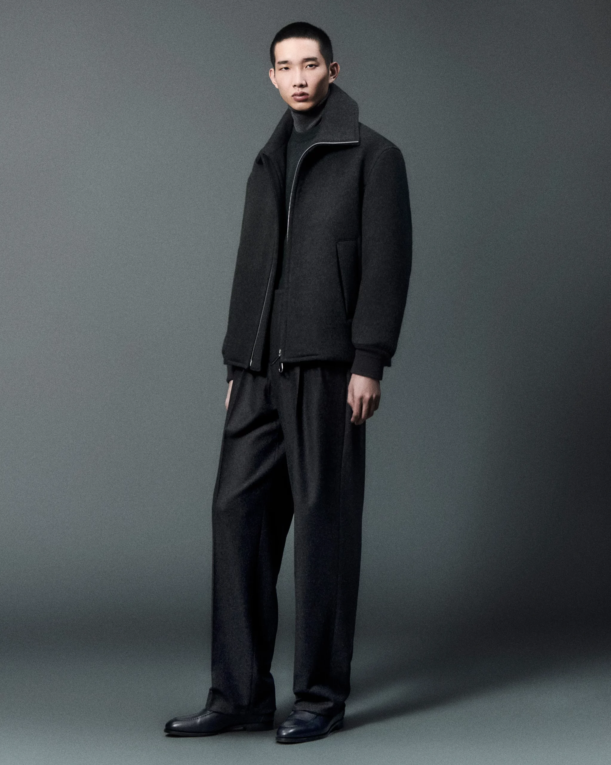 Monochromatic Comfort: Charcoal Grey Zip-Up Ensemble Monochromatic Comfort: Charcoal Grey Zip-Up Ensemble — Winter Outfits for Men