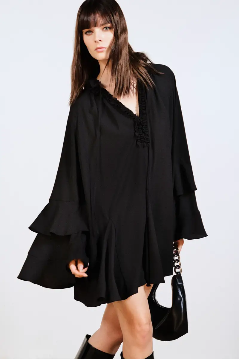 Ruffled Neckline Dress with Tiered Sleeves for Evening Elegance — All Black Winter Outfits