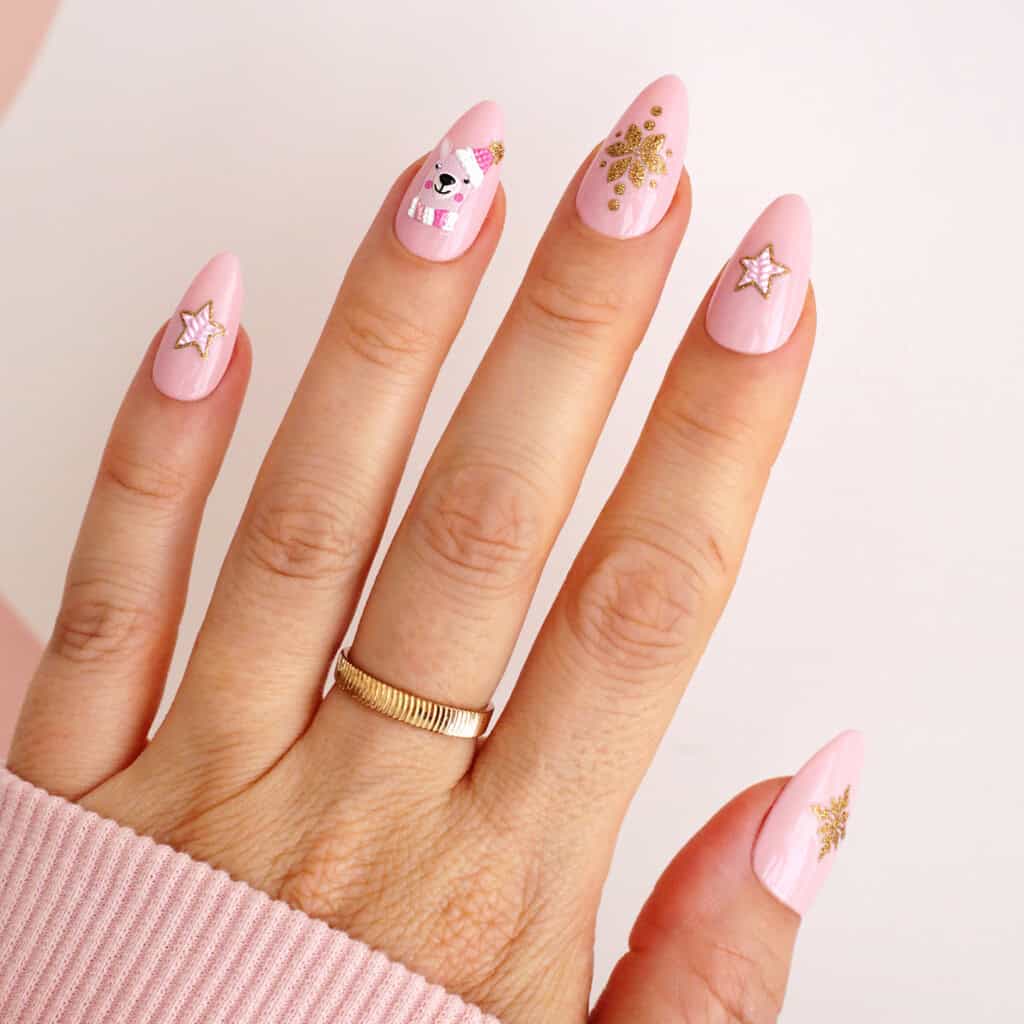Cute Bear Illustration Almond Nails Cute Bear Illustration Almond Nails — Winter Pink Nails