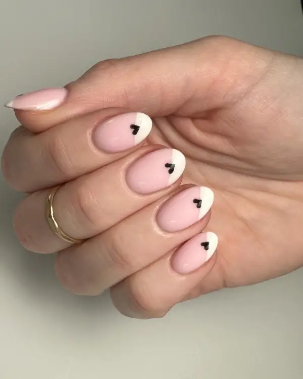 Light Pink French Tip with Black Heart Light Pink French Tip with Black Heart — Classy Simple Nail Designs