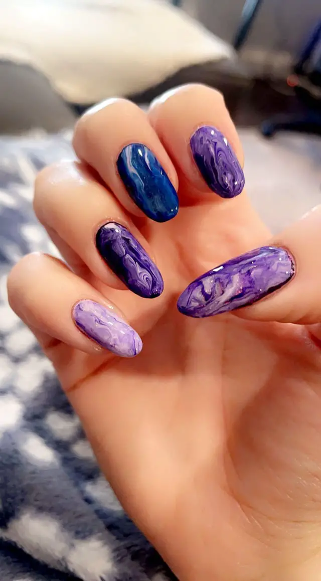 Marble Pattern On All Nails Deep Blue Purple White Marble Ovals — Winter Marble Nails