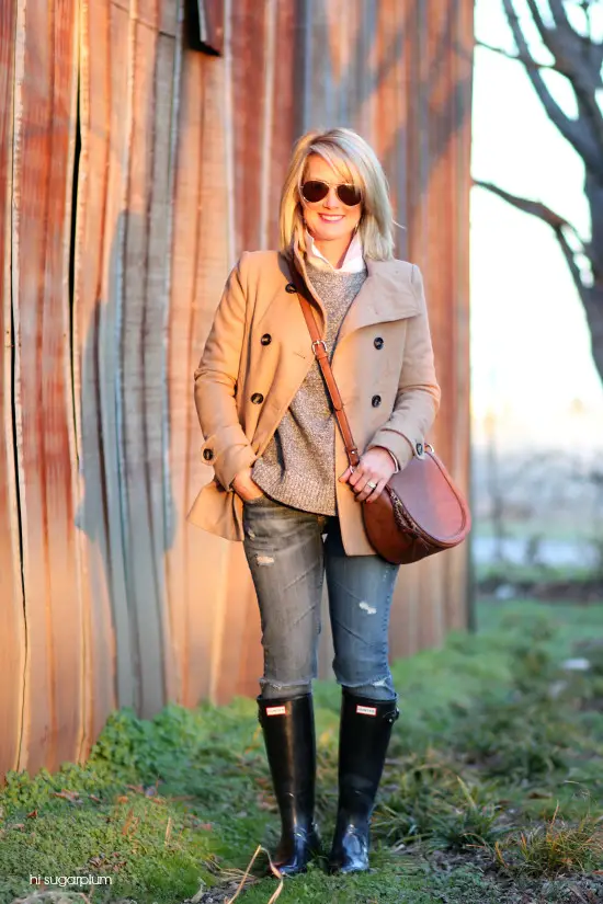 Camel Peacoat with Grey Sweater and Blue Jeans — Neutral Winter Outfits