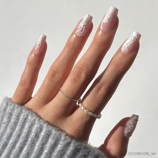 White Lace Swirl Art Coffin Nails White Lace Swirl Art Coffin Nails — Coffin Nail Designs