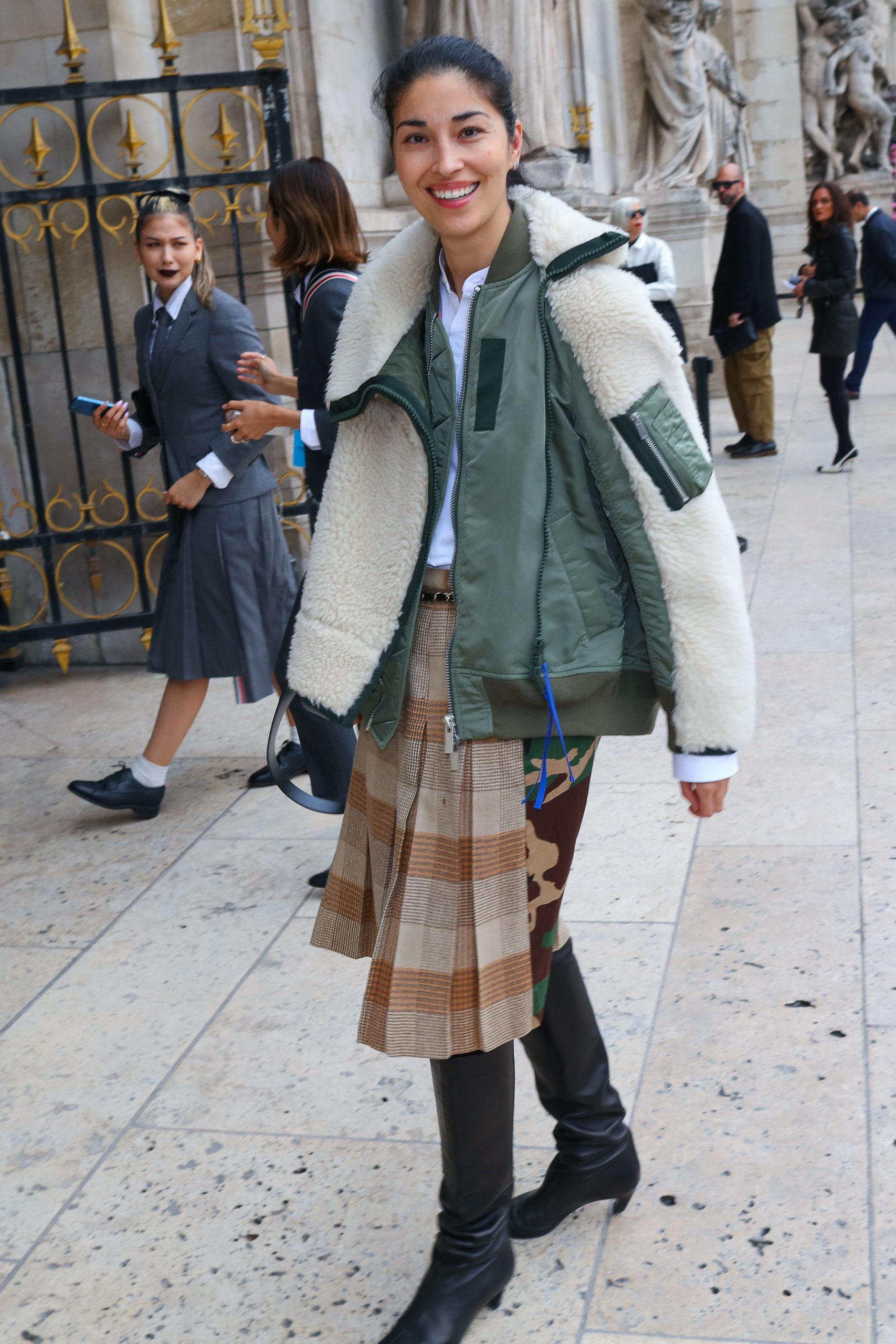 Knee-High Boots with Bomber Jacket and Plaid Skirt Knee-High Boots with Bomber Jacket and Plaid Skirt — Riding Boots Outfits