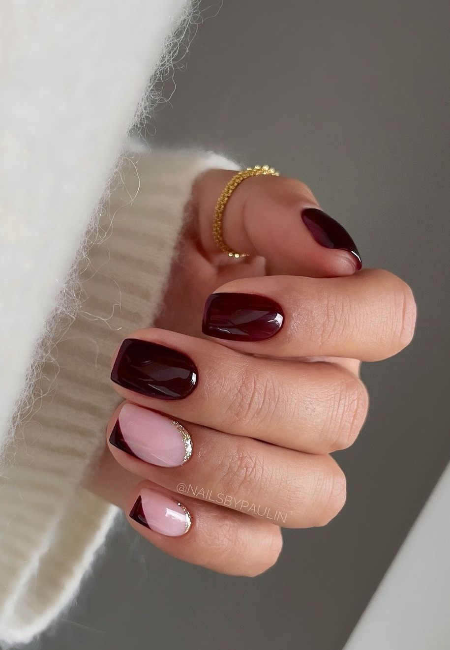 Burgundy and Pink Color Block Nails Burgundy and Pink Color Block Nails — Short Winter Square Nails