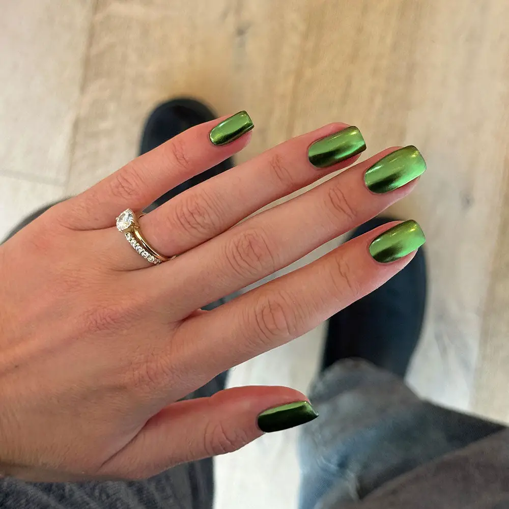 Vibrant Metallic Green Chrome Squares — Chrome Nail Designs