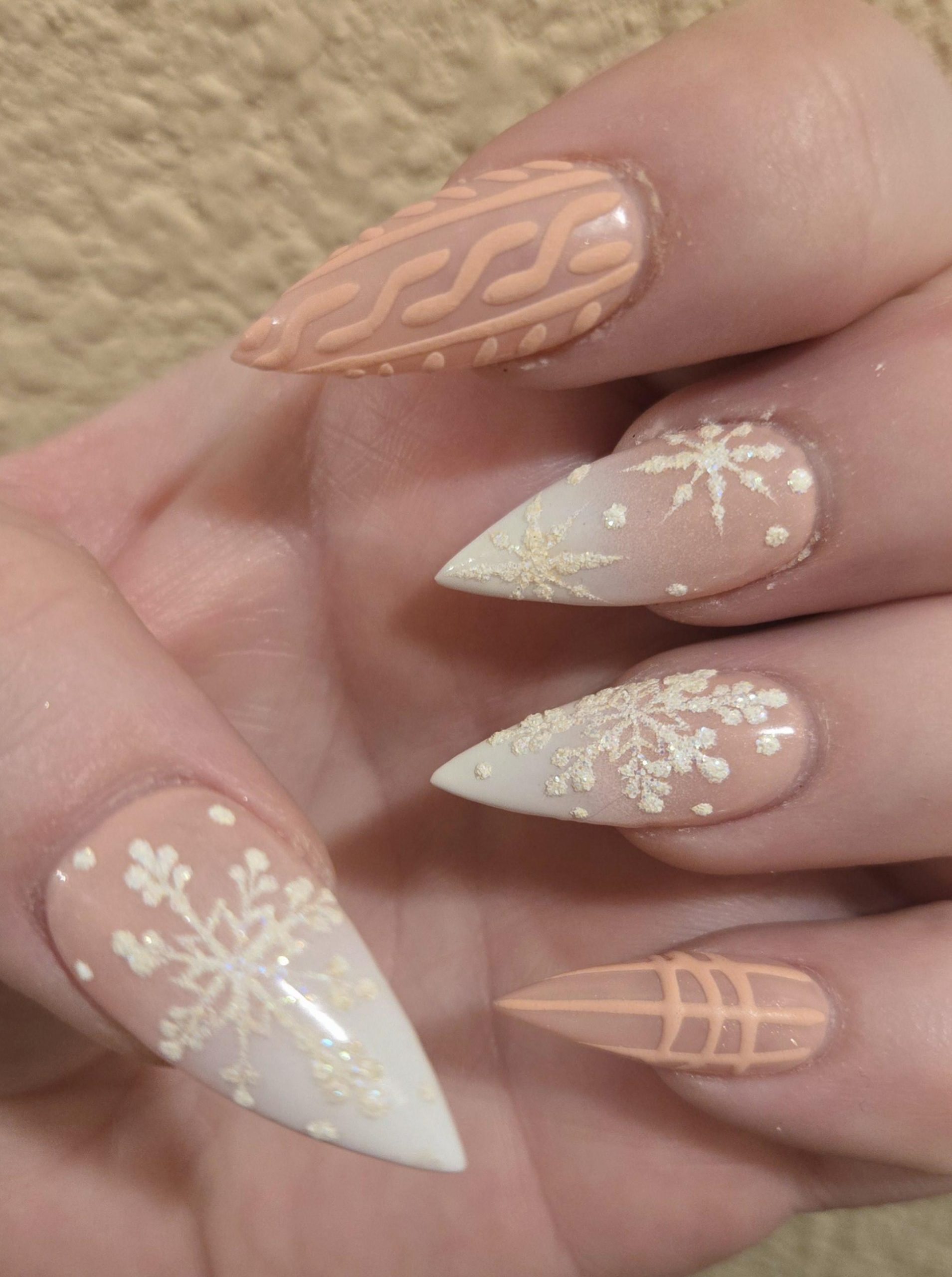 Nude White Glitter Ombre Snowflake Stilettos Nude White Glitter Ombre Snowflake Stilettos — Snowflake Nails