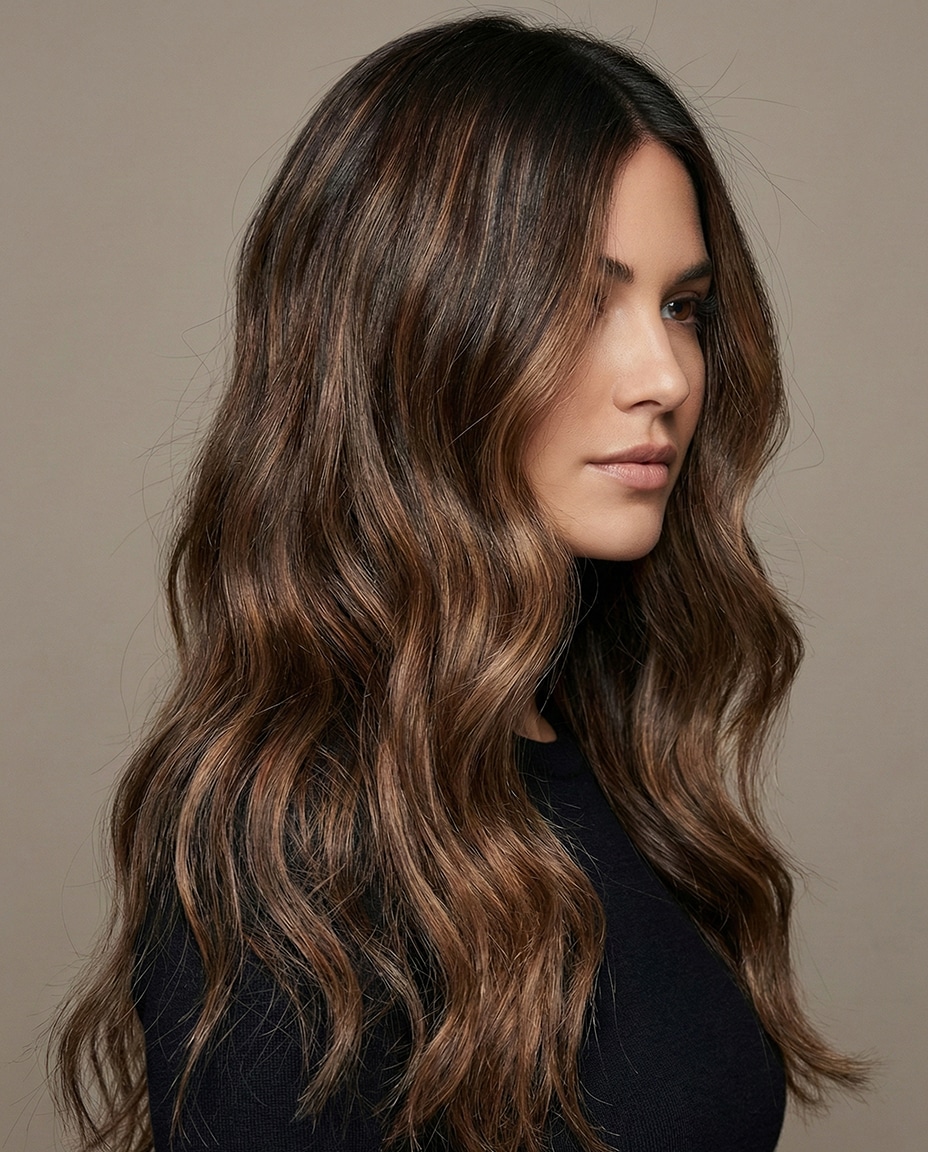 Long Layers Medium Brown With Golden Ash Blonde Long Layers Medium Brown With Golden Ash Blonde — Reverse Balayage