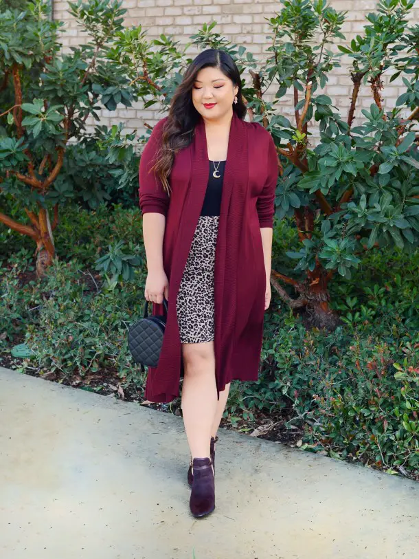 Longline Burgundy Cardigan with Leopard Print Skirt Longline Burgundy Cardigan with Leopard Print Skirt — Winter Outfits for Curvy Women