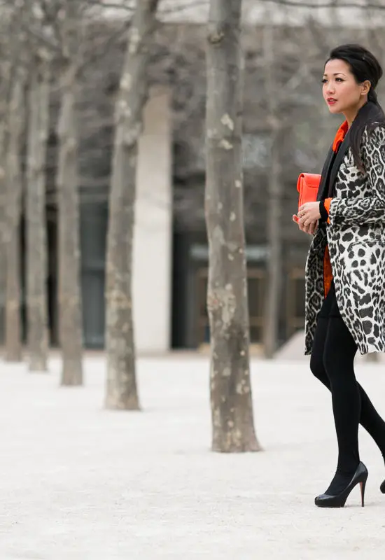 Leopard Coat with Orange Top and Black Heels Leopard Coat with Orange Top and Black Heels — Leopard Coat Outfits