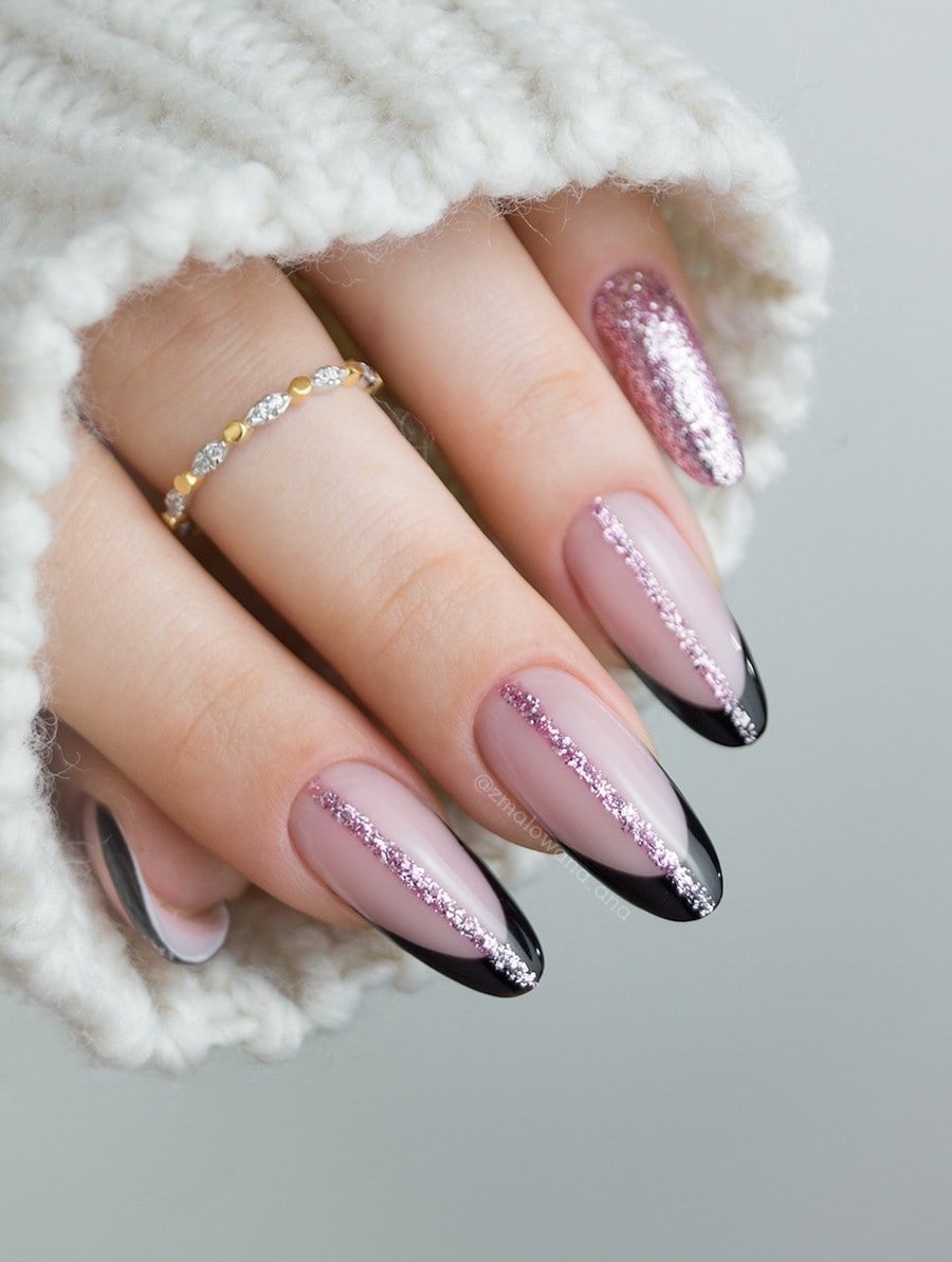 Pink Glitter French Almond Nails Pink Glitter French Almond Nails — Long Winter Nails