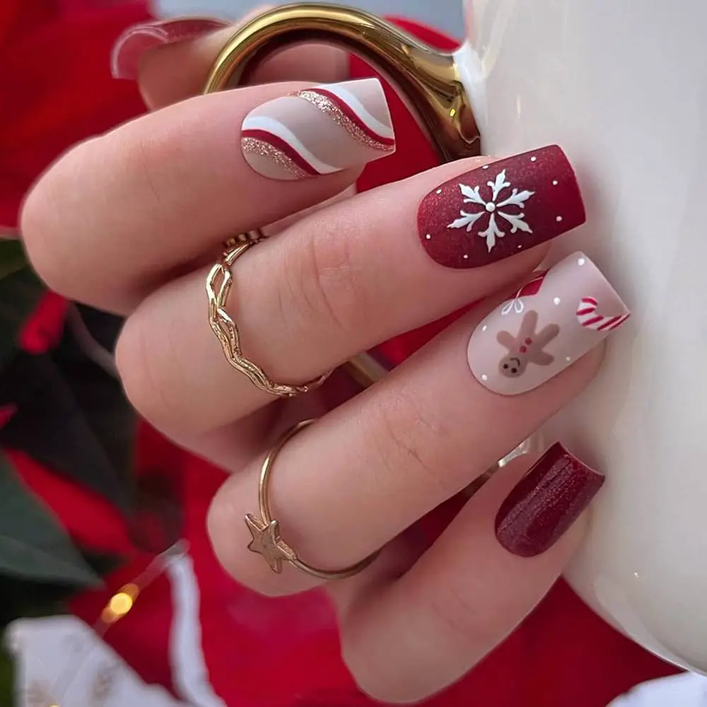 Matte Red Snowflake Gingerbread Nails Matte Red Snowflake Gingerbread Nails — Winter Square Nails
