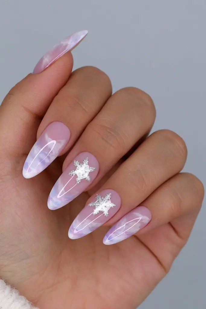 Silver Snowflake Decals On Accent Nails Visual Idea Silver Snowflake Decals On Accent Nails Visual Idea — Winter Glitter Nails