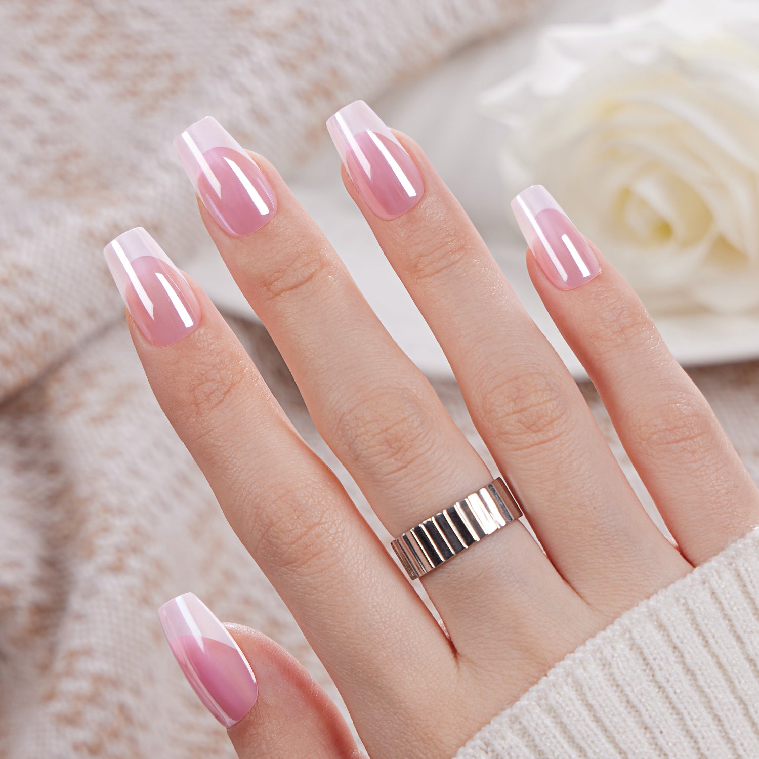 Medium Coffin Translucent Pink French Medium Coffin Translucent Pink French — French Nail Designs