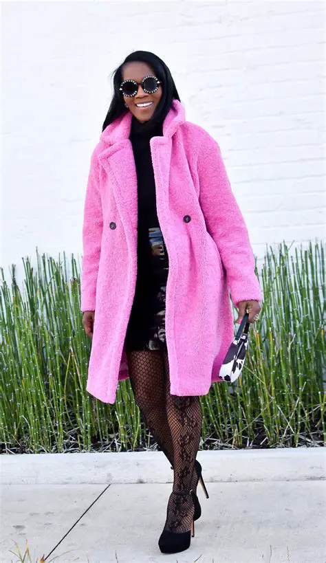 Vibrant Pink Teddy Coat with Patterned Skirt and Heels Vibrant Pink Teddy Coat with Patterned Skirt and Heels — Teddy Coat Outfits