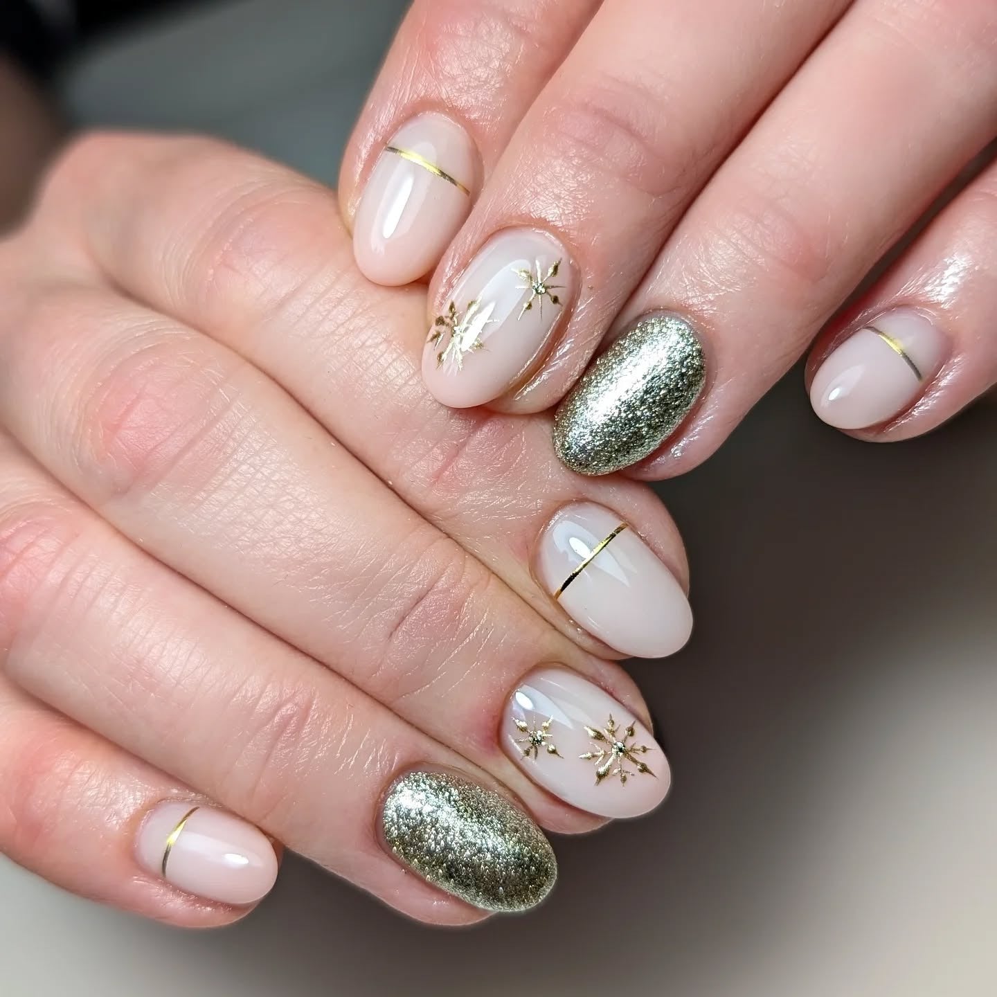 Pale Pink with Gold Foil and Lines Pale Pink with Gold Foil and Lines — Medium Length Winter Nails
