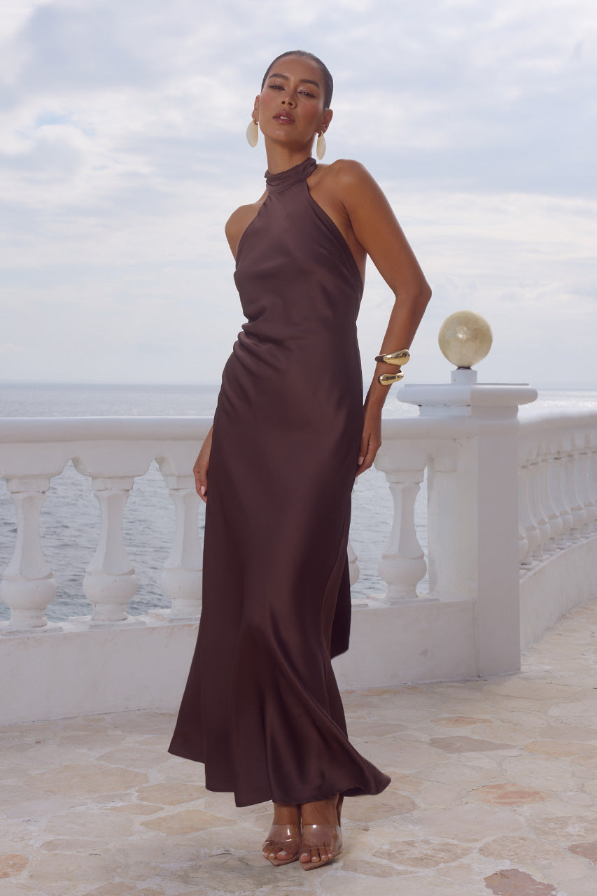 Deep Chocolate Brown Satin Halter Neck Dress — Chocolate Brown Outfits