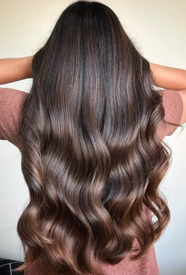 Mid-Back Waves With Glossy Finish Warm Tones — Dark Chocolate Brown Hair