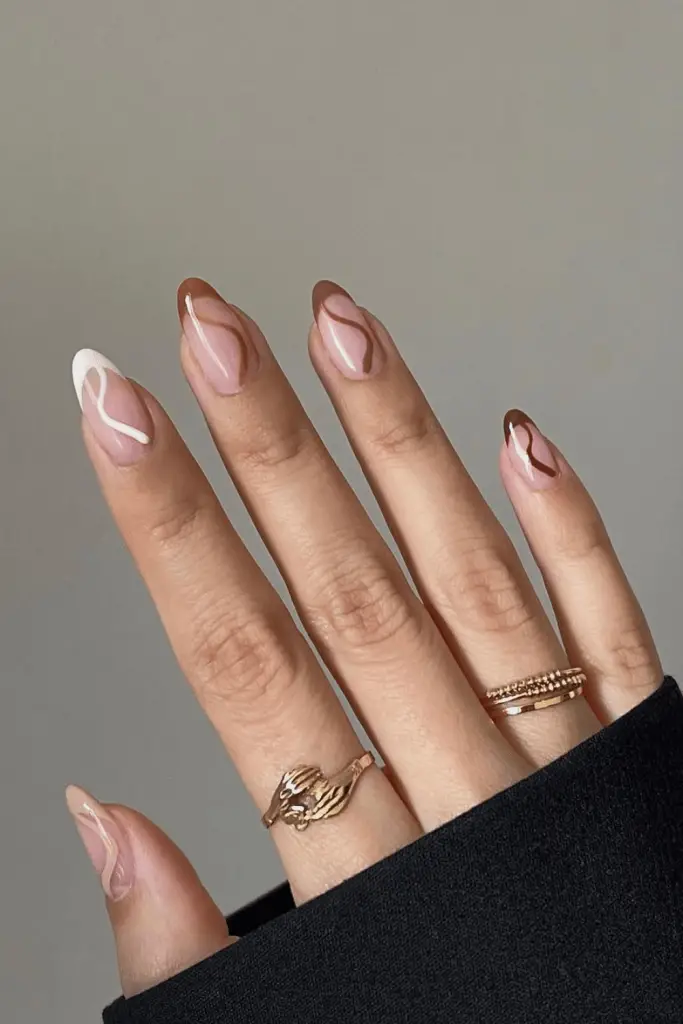 Clear Base With Abstract Brown & White Lines — Neutral Winter Nails