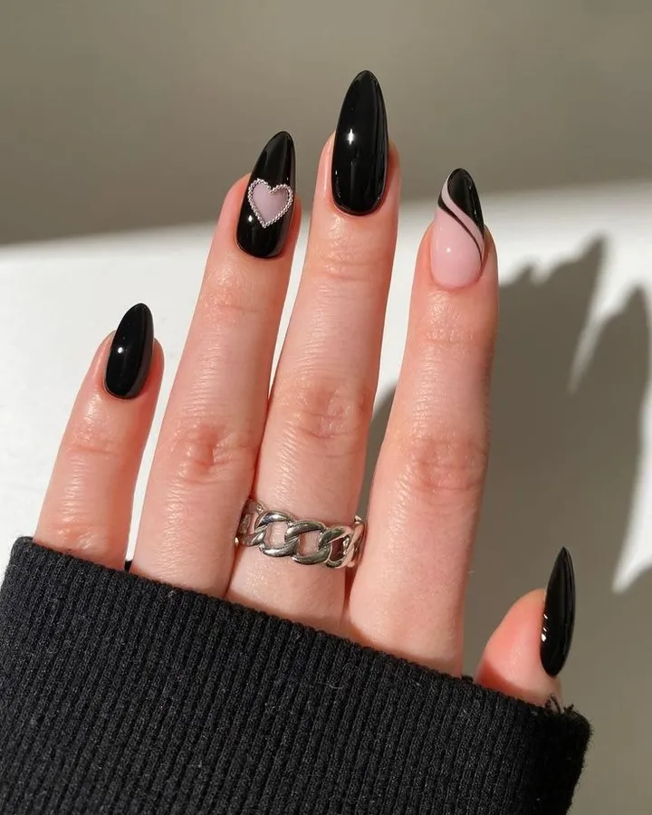 Long Almond Glossy Black with Pink Accents Long Almond Glossy Black with Pink Accents — Black Nail Ideas