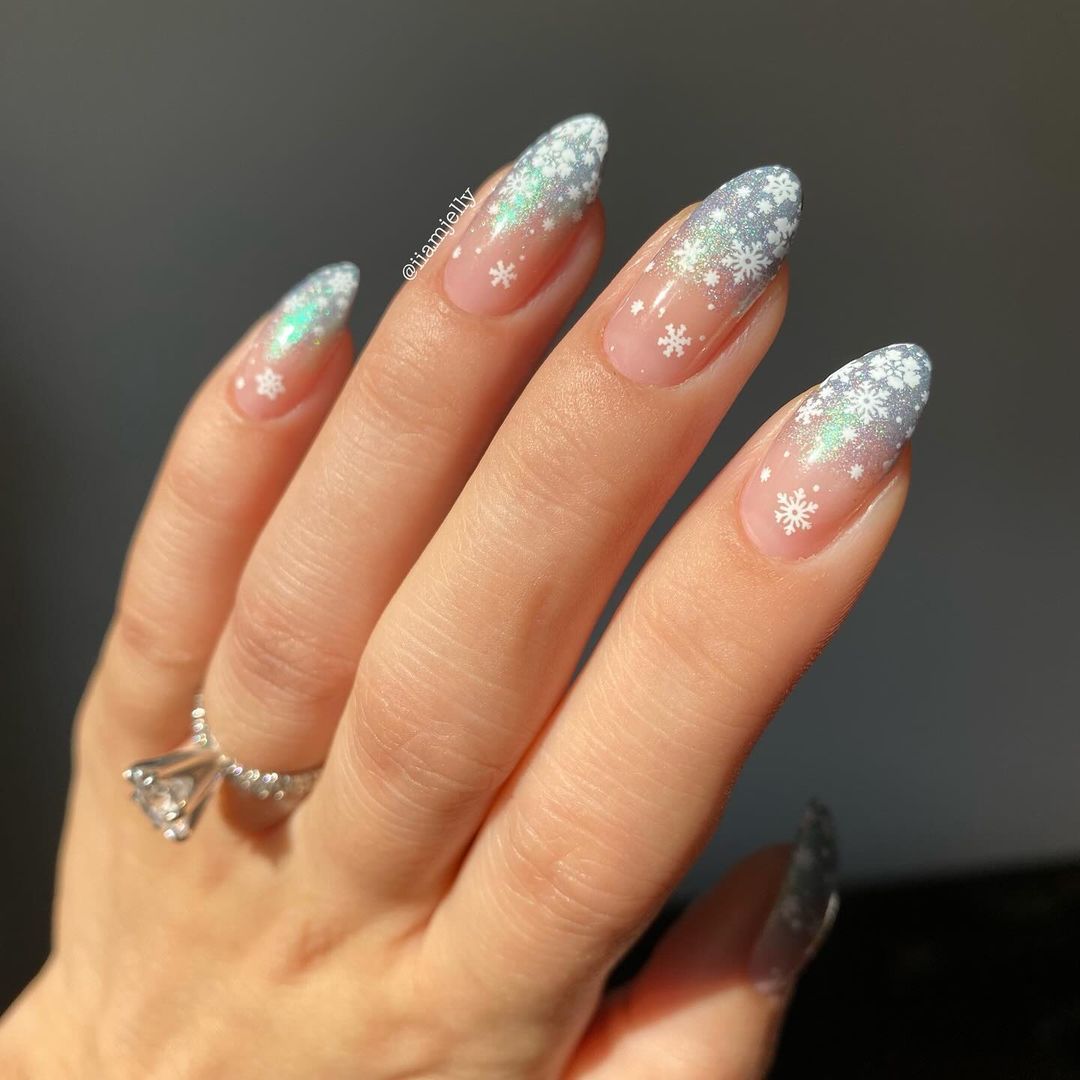 Snowflake Glitter Ombre Almond Nails — Winter Wedding Nails