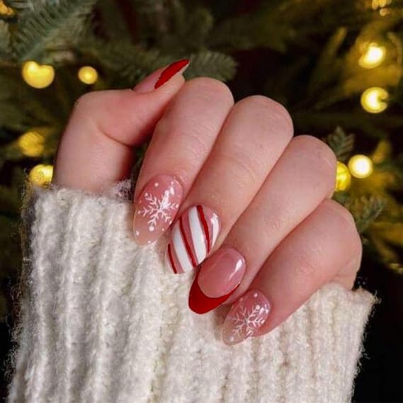 Snowflake Candy Cane French Tips Snowflake Candy Cane French Tips — Short Winter Almond Nails