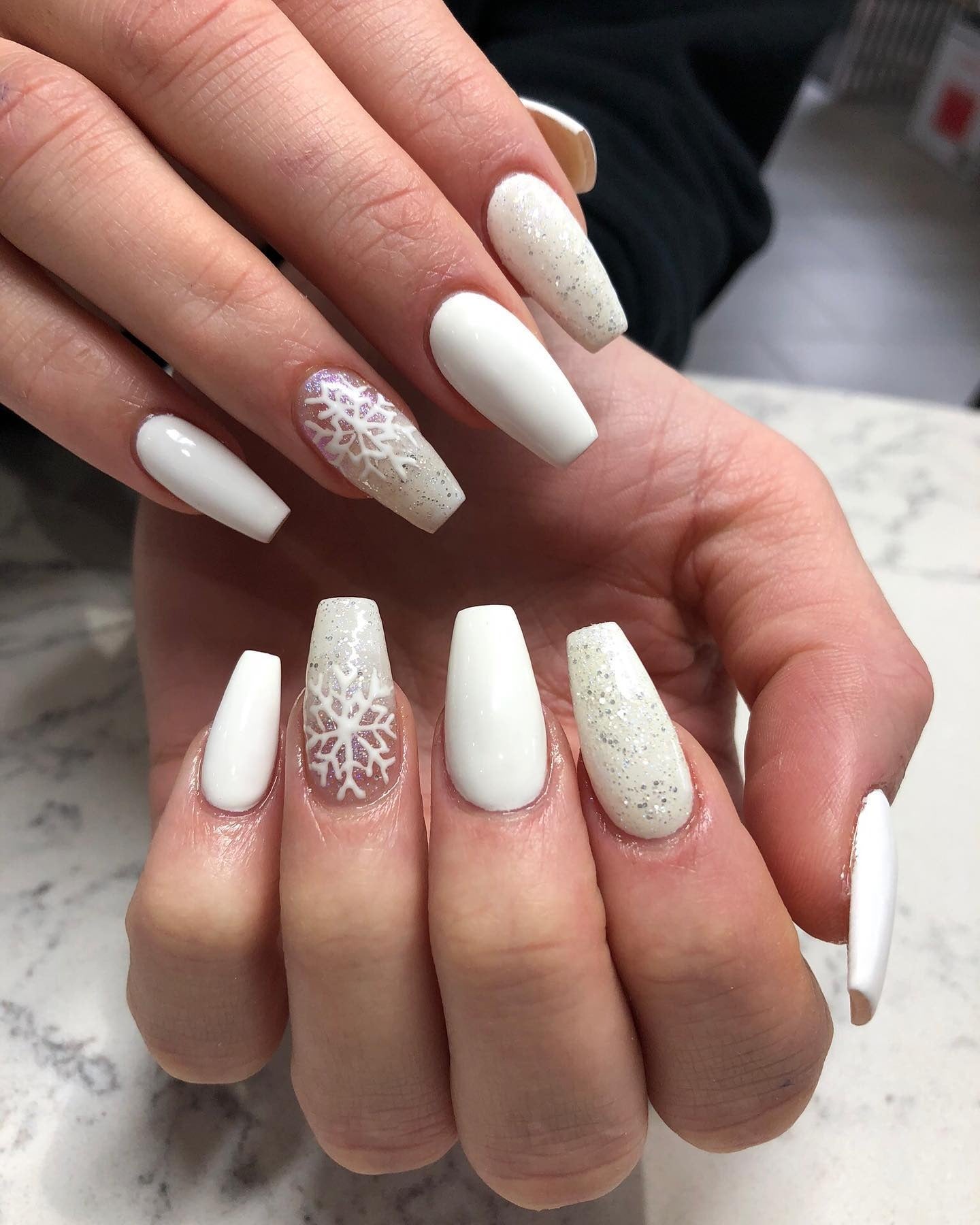 Opaque White With Silver Glitter Visual Idea Opaque White With Silver Glitter Visual Idea — Winter Coffin Nails