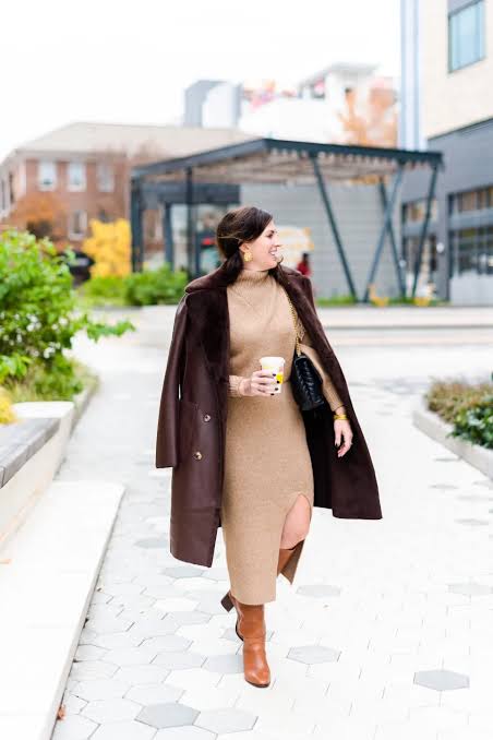 Faux Fur Trimmed Coat Over Knit Turtleneck Dress Faux Fur Trimmed Coat Over Knit Turtleneck Dress — December Outfits