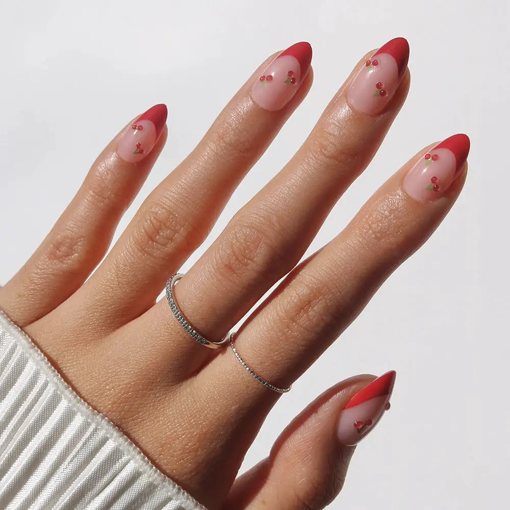 Red French Tips with Tiny Cherry Motifs — Cherry Red Nails