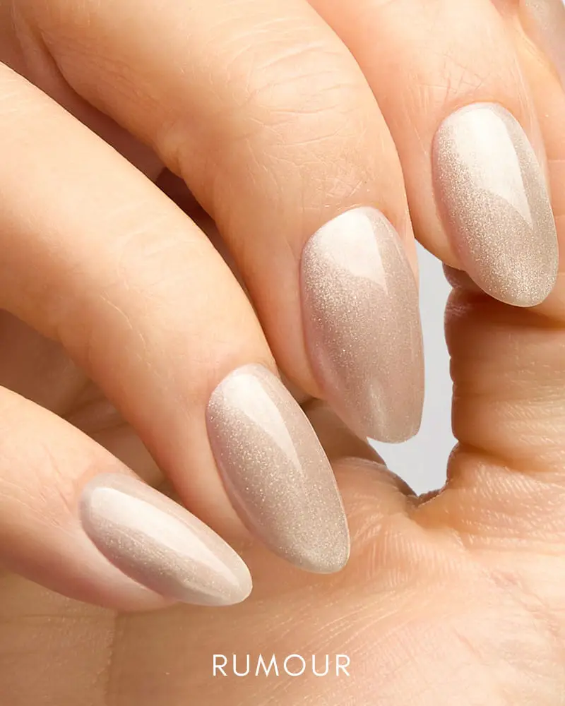 Nude Champagne Shimmer Almond Nails — Winter Gel Nails
