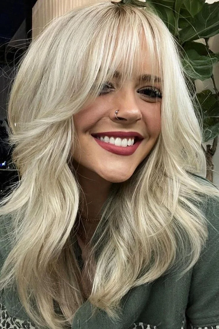 Mid-Back Ash Blonde With Dark Roots Mid-Back Ash Blonde With Dark Roots — Winter Haircuts with Bangs