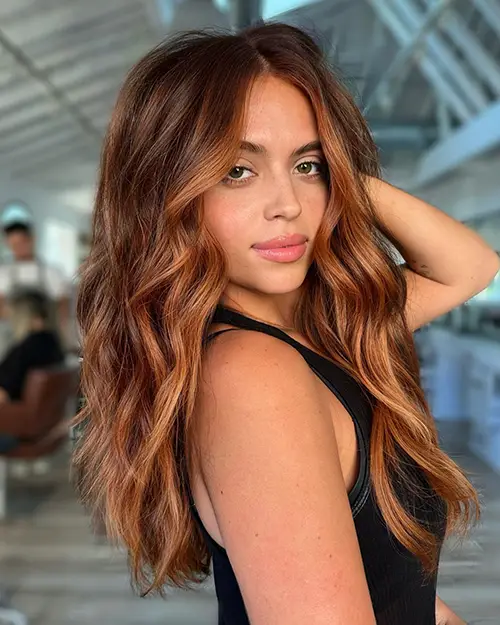 Collarbone Waves With Caramel Highlights — Cinnamon Brown Hair
