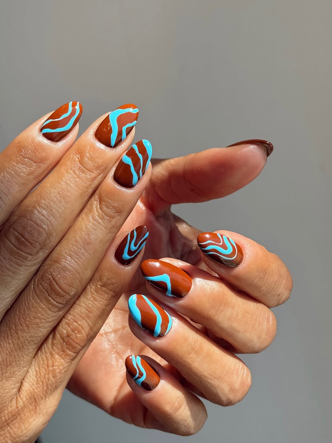 Brown Turquoise Wavy Stripe Almonds Brown Turquoise Wavy Stripe Almonds — Almond Nail Designs