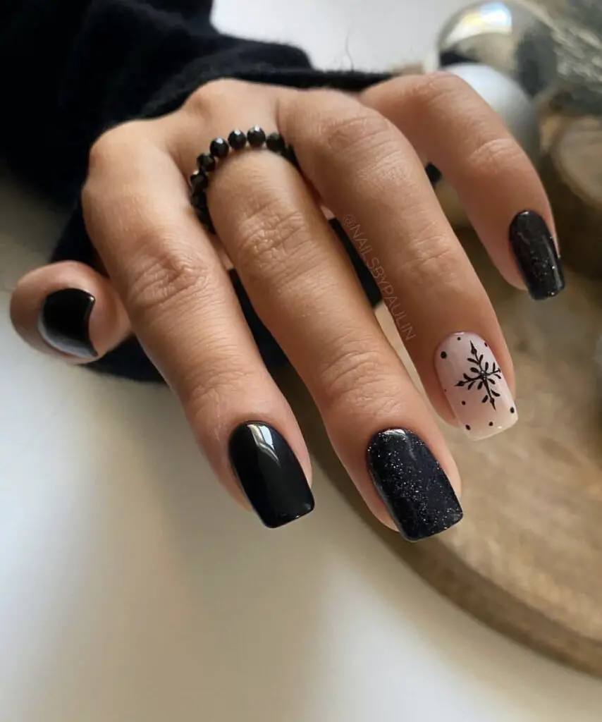 Glossy Black Snowflake Glitter Glossy Black Snowflake Glitter — Winter Squoval Nails