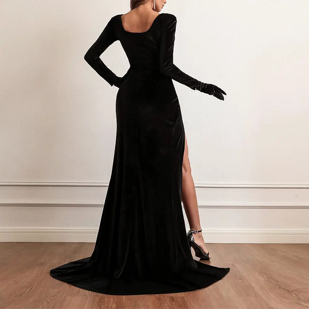 Black Velvet Dress with Long Sleeves, High Split, and Gloves Black Velvet Dress with Long Sleeves, High Split, and Gloves — Winter Formal Dresses