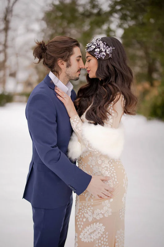 Dark Brown Loose Waves With Floral Headpiece Dark Brown Loose Waves With Floral Headpiece — Winter Wedding Hairstyles