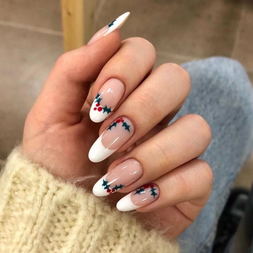 Holly Berry and Leaf French Almond Nails Holly Berry and Leaf French Almond Nails — Winter Formal Nails