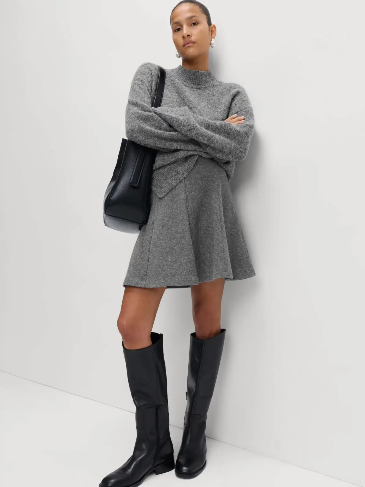 Matching Knit Set with Black Leather Knee-High Boots — Knee High Boots Outfits
