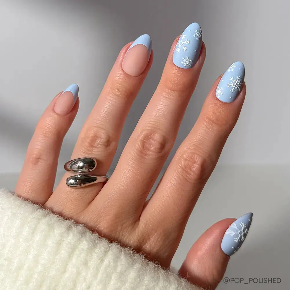 Matte Light Blue Snowflake French Nails — Winter Gel Nails