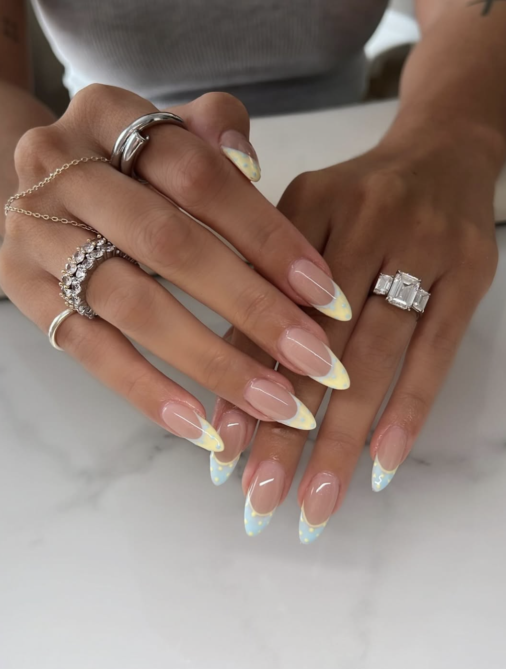 Checkered Pastel French Almonds Checkered Pastel French Almonds — Trendy Almond Nail Designs