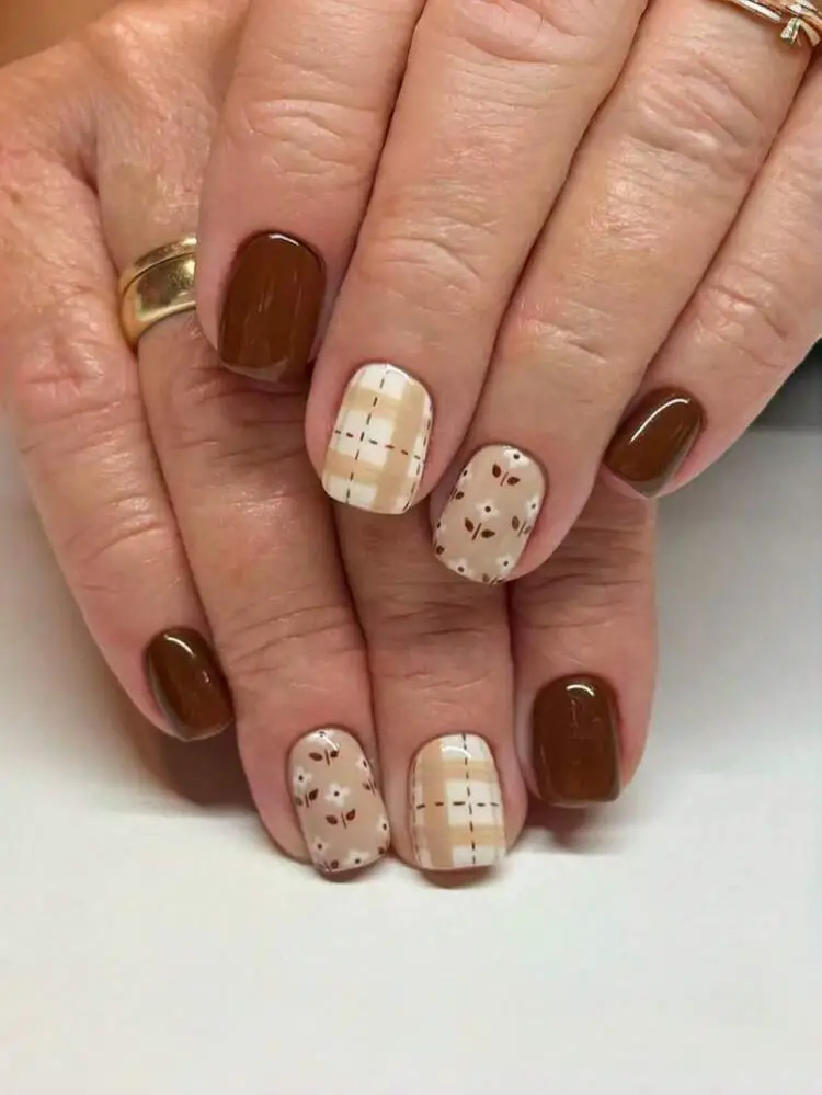 Brown Cream Plaid Floral Pattern Nails Brown Cream Plaid Floral Pattern Nails — Winter Square Nails