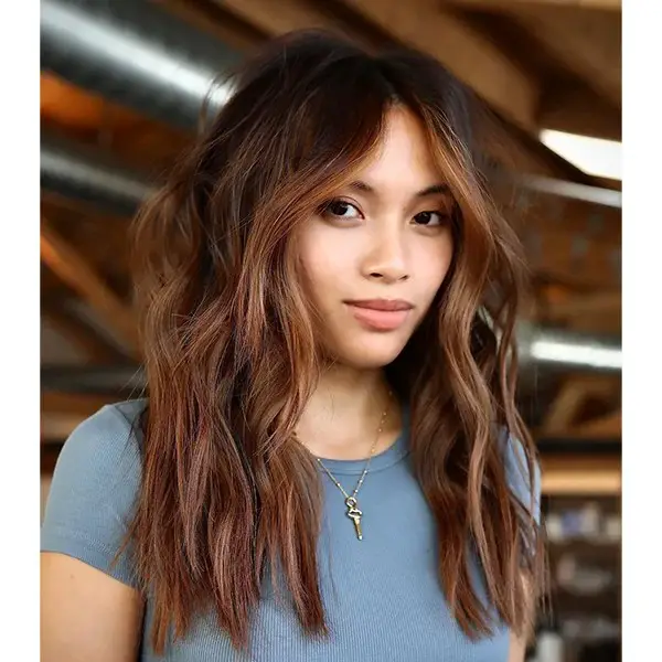 Collarbone Brown With Balayage Bangs Collarbone Brown With Balayage Bangs — Winter Haircuts with Curtain Bangs