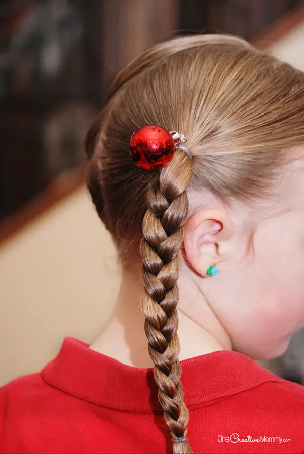 Single Braid With Christmas Ornament — Winter Hairstyles for Kids