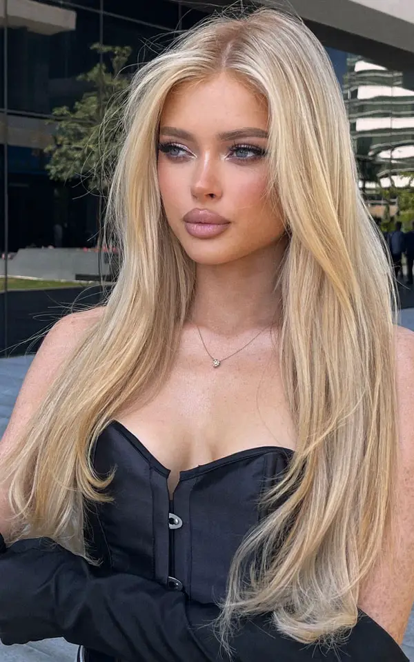 Honey Golden Blonde Hair with Black Corset and Gloves Honey Golden Blonde Hair with Black Corset and Gloves — Blonde Hair Colour