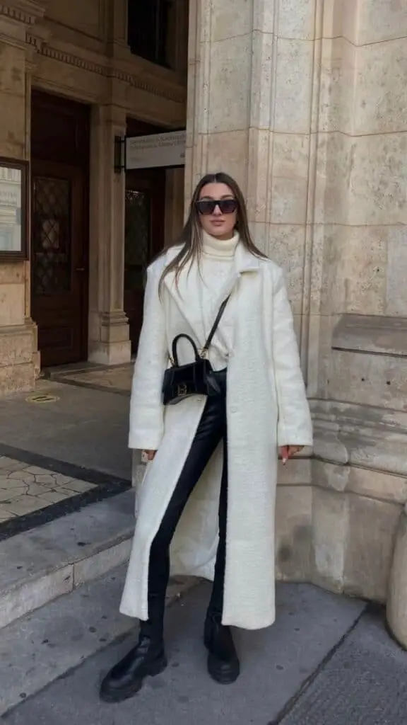 Monochromatic Cream Coat with Leather Pants — Italy Winter Outfits